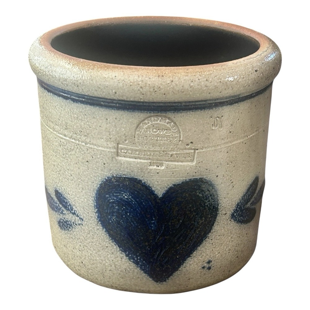 Vintage 1986 ROWE POTTERY WORKS Crock Salt Glazed Handmade Blue Heart Farmhouse